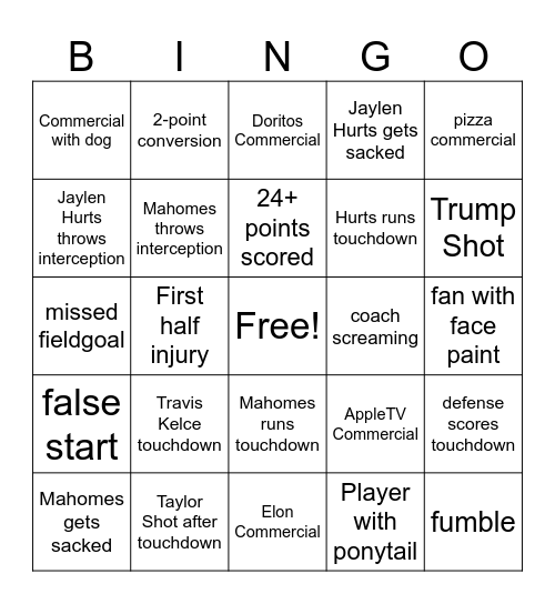Superbowl Bingo Card