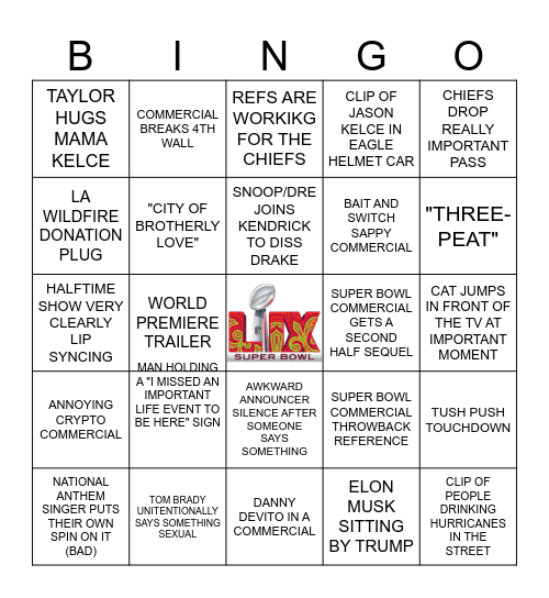 Super Bowl Sunday Bingo Card