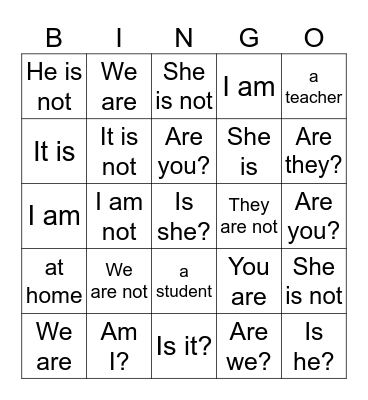 English Bingo Card
