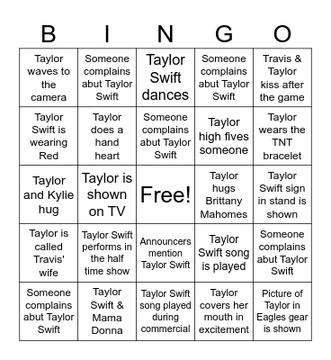 Taylor Swift 2025 Superbowl Bingo Card