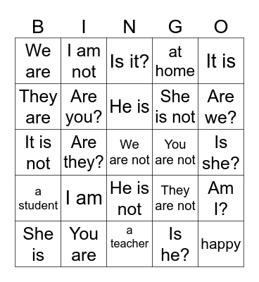 English Bingo Card