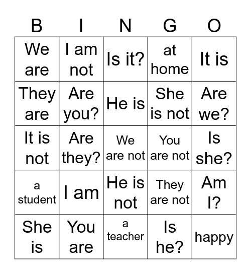 English Bingo Card