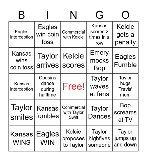 Super Bowl Swiftie Bingo Card