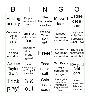 Super Bowl Bingo Card