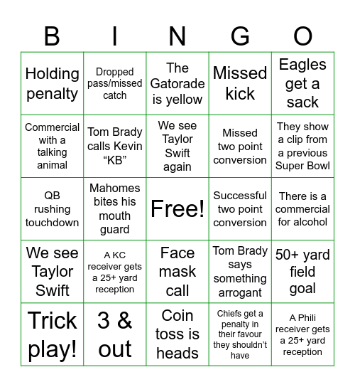 Super Bowl Bingo Card