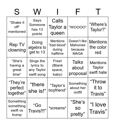 Swiftie Super Bowl LIX Bingo Card