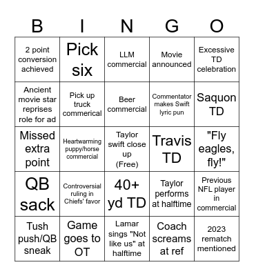 Superbowl LIX: KC vs. Eagles Bingo Card