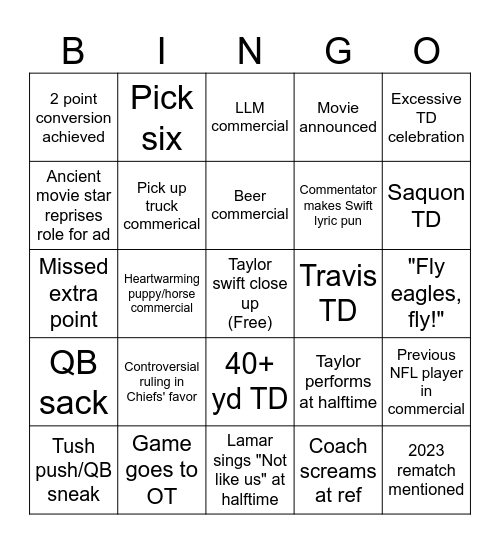 Superbowl LIX: KC vs. Eagles Bingo Card