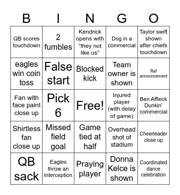 Super Bowl Bingo Card