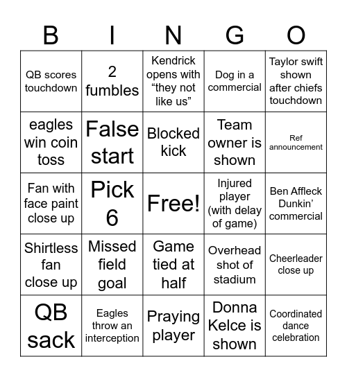 Super Bowl Bingo Card