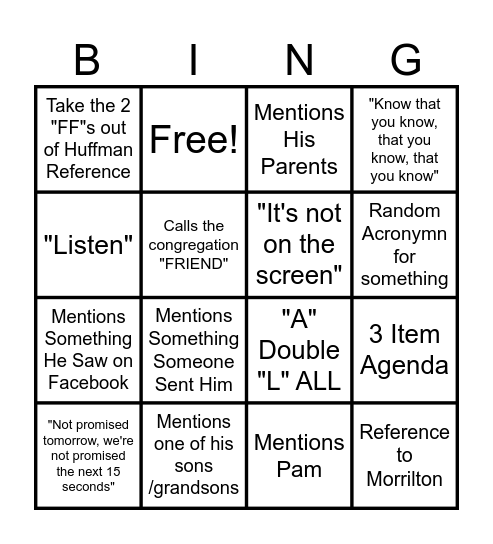Pastor Jim's Bingo Card