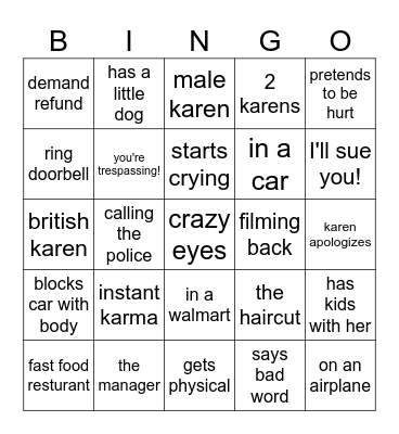 Karen Bingo Card