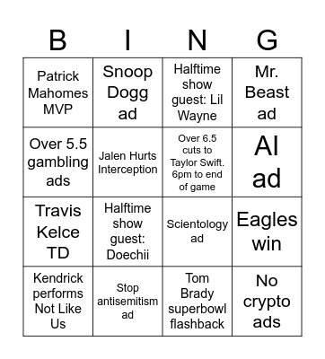 Superbowl LIX Bingo Card