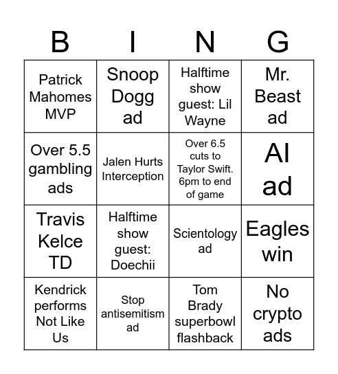 Superbowl LIX Bingo Card
