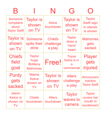 Taylor Swift Super Bowl Bingo Card