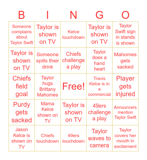 Taylor Swift Super Bowl Bingo Card