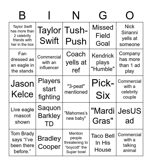 Super Bowl LIX Bingo Card