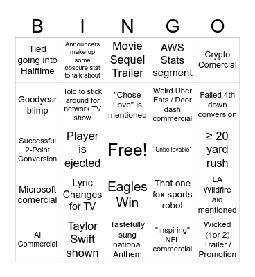 Super Bowl Bingo Card