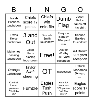 Superbowl Bingo Card