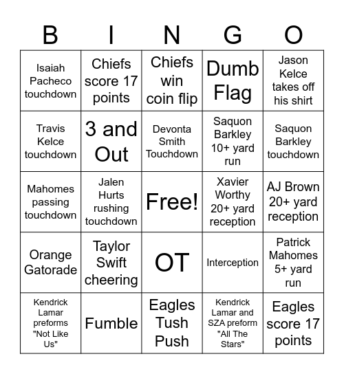 Superbowl Bingo Card