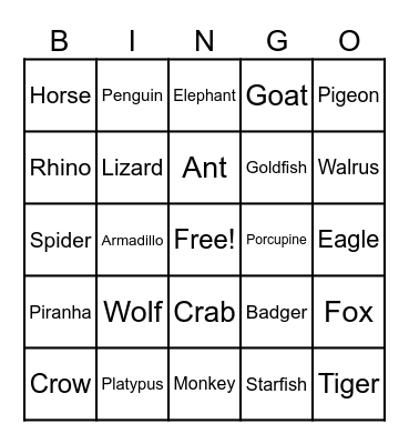 Animals Bingo Card