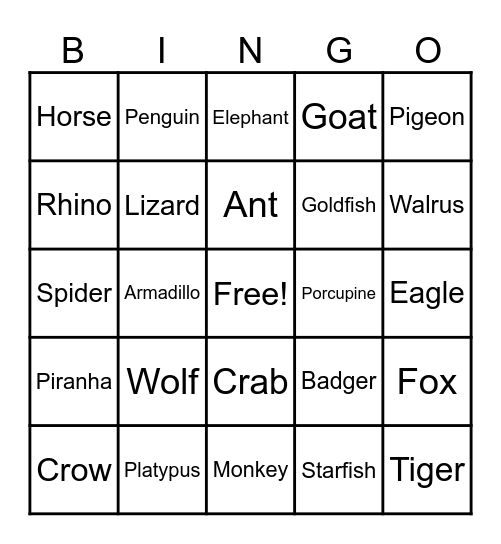 Animals Bingo Card