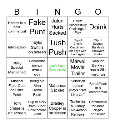 Super Bowl Bingo! Bingo Card