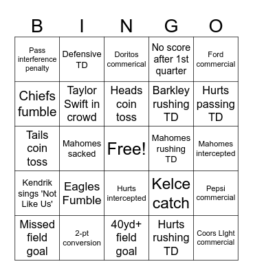 Super Bowl Bingo Card