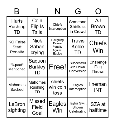 Super Bowl LIX Bingo Card