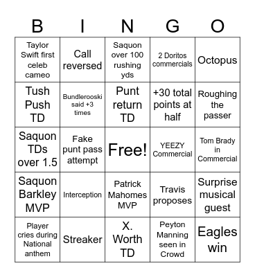 Super Bowl Bingo Card