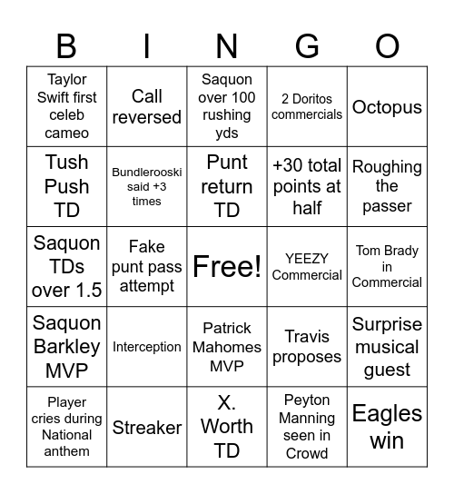 Super Bowl Bingo Card