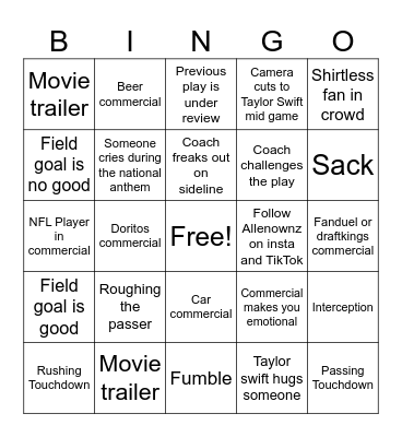 Allenownz Super Bowl Bingo Card