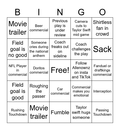 Allenownz Super Bowl Bingo Card