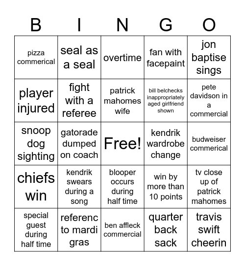 super bowel 2025 Bingo Card