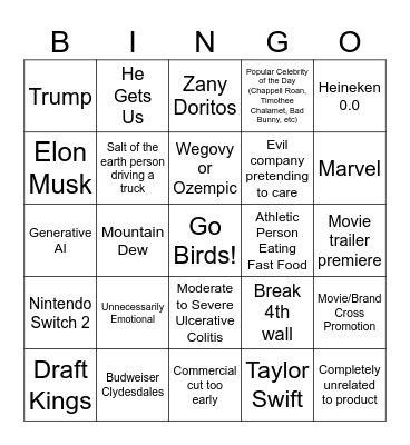 Superbowl Bingo Card