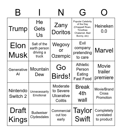 Superbowl Bingo Card