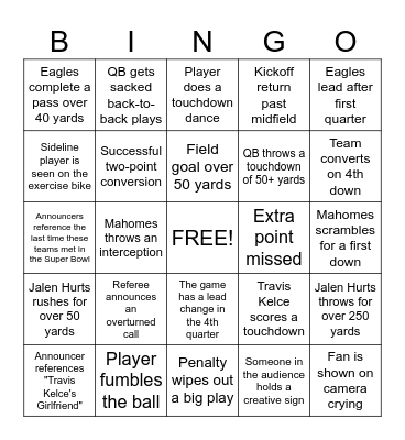 Superbowl Bingo Card