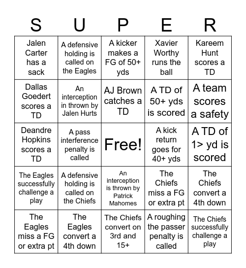 Superbowl LIX Bingo Card