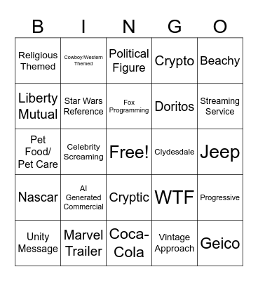 Superbowl Ads Bingo Card