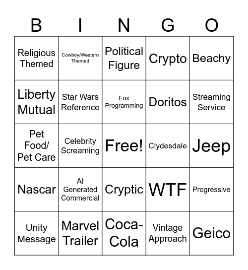 Superbowl Ads Bingo Card