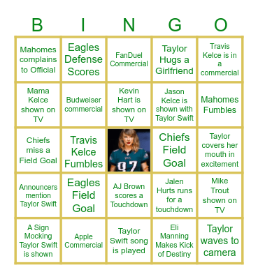 Taylor Swift Superbowl Bingo Card