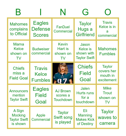 Taylor Swift Superbowl Bingo Card
