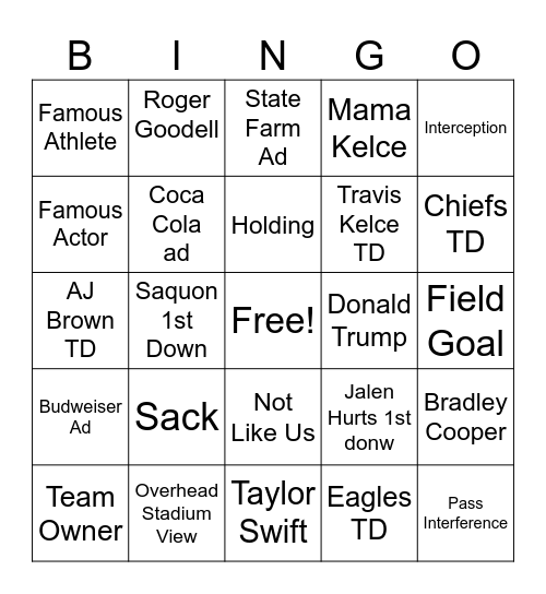 Super Bowl LIX Bingo Card