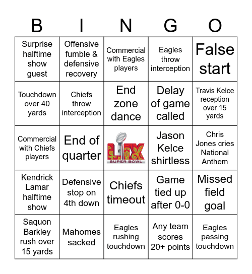 Super Bowl 2025 Bingo Card