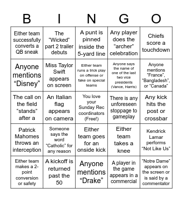 Super Bowl LIX Moreau Bingo Card