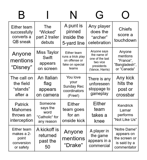 Super Bowl LIX Moreau Bingo Card