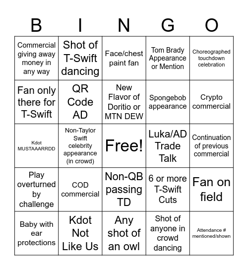 Superb Owl Bingo Card