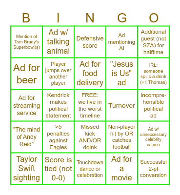 Subparbowl Bingo Card