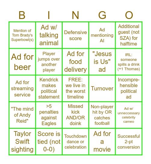 Subparbowl Bingo Card