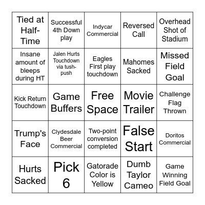 Superbowl 2025 Bingo Card